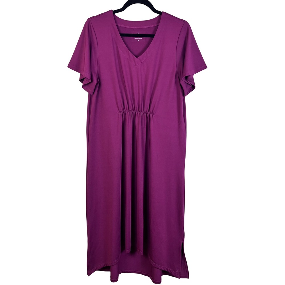Cuddl Duds Medium Purple V Neck Short Sleeve Gathered Waist Maxi Dress (N622)‎